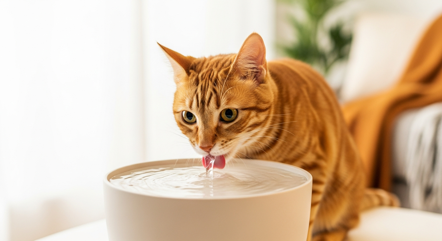 Katze trinkt aus einem Keramik-Trinkbrunnen - Katzenbrunnen Test