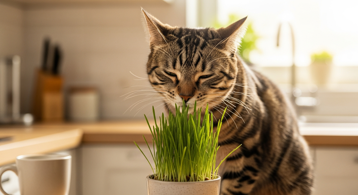 Katzengras - Katze schnuppert an frischem Katzengras im Topf