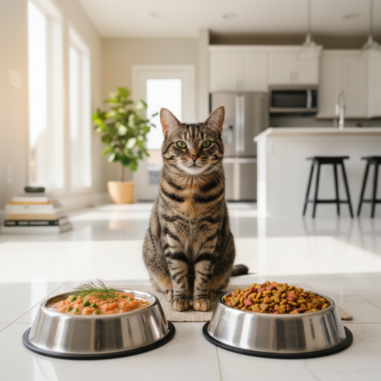 Katze zwischen Nassfutter und Trockenfutter Naepfen in moderner Kueche