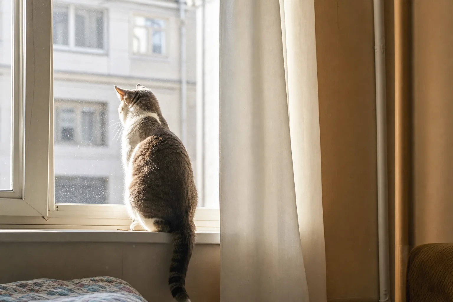 Katze sitzt auf der Fensterbank und schaut hinaus