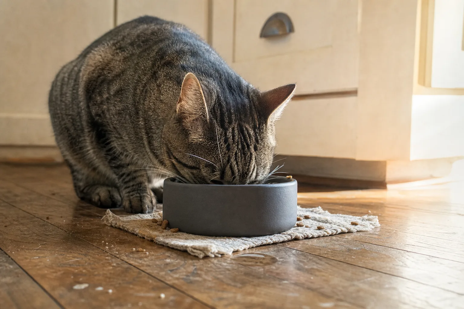 Getigerte Katze frisst aus einer dunklen Keramikschale auf einem abgenutzten Holzboden im Morgenlicht.