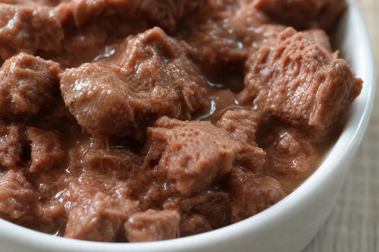 Nahaufnahme von Nassfutter in einer weißen Keramikschale, Stücke in Sauce, Tageslicht von links.