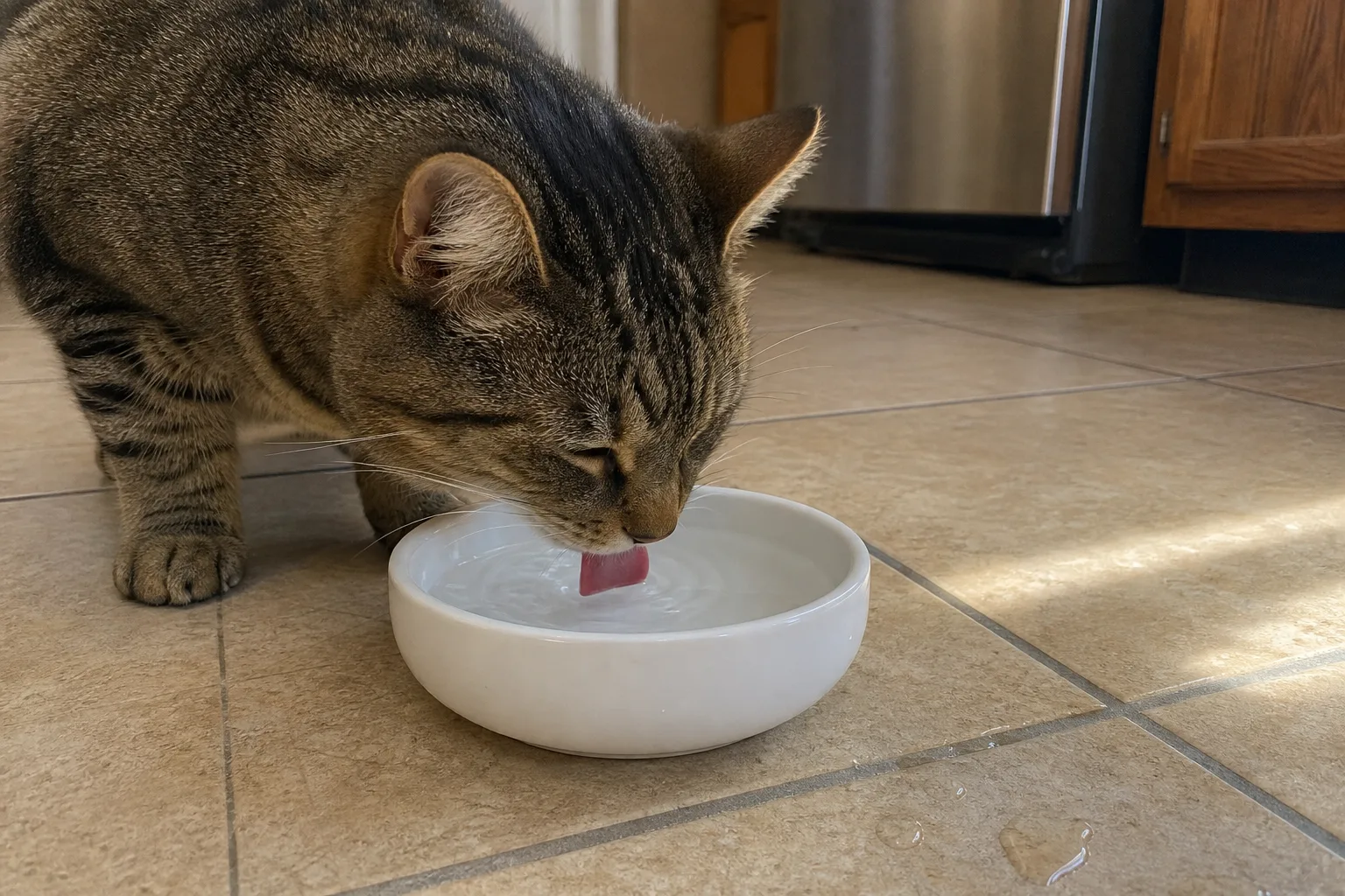 Katze trinkt aus einem weißen Keramiknapf auf einem Fliesenboden, kleine Wellen auf der Oberfläche, Morgenlicht.